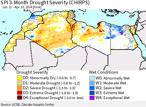 North Africa SPI 3-Month Drought Severity (CHIRPS) Thematic Map For 1/11/2024 - 4/10/2024