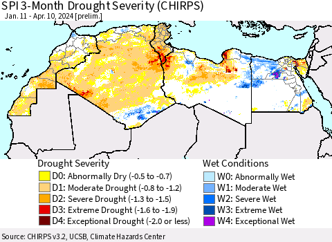 North Africa SPI 3-Month Drought Severity (CHIRPS) Thematic Map For 1/11/2024 - 4/10/2024