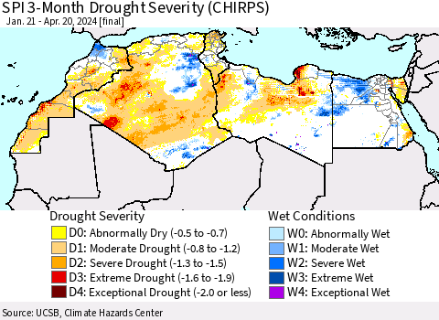 North Africa SPI 3-Month Drought Severity (CHIRPS) Thematic Map For 1/21/2024 - 4/20/2024