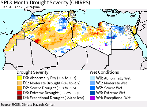 North Africa SPI 3-Month Drought Severity (CHIRPS) Thematic Map For 1/26/2024 - 4/25/2024