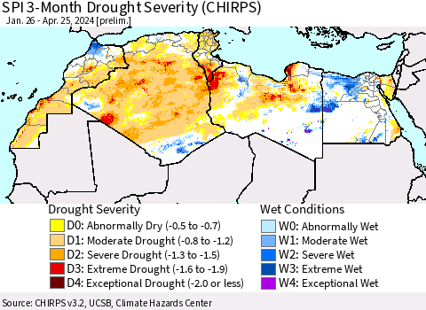 North Africa SPI 3-Month Drought Severity (CHIRPS) Thematic Map For 1/26/2024 - 4/25/2024