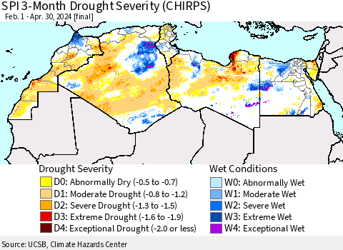 North Africa SPI 3-Month Drought Severity (CHIRPS) Thematic Map For 2/1/2024 - 4/30/2024