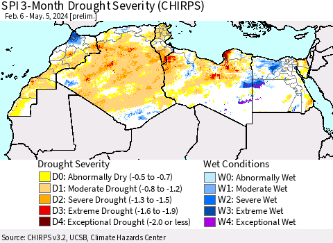 North Africa SPI 3-Month Drought Severity (CHIRPS) Thematic Map For 2/6/2024 - 5/5/2024