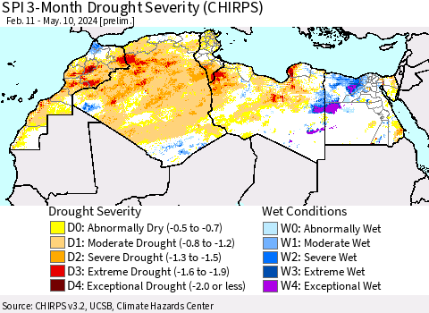 North Africa SPI 3-Month Drought Severity (CHIRPS) Thematic Map For 2/11/2024 - 5/10/2024
