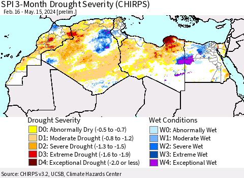North Africa SPI 3-Month Drought Severity (CHIRPS) Thematic Map For 2/16/2024 - 5/15/2024