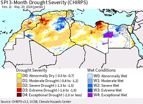 North Africa SPI 3-Month Drought Severity (CHIRPS) Thematic Map For 2/21/2024 - 5/20/2024