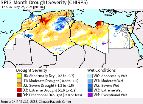 North Africa SPI 3-Month Drought Severity (CHIRPS) Thematic Map For 2/26/2024 - 5/25/2024