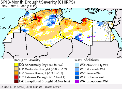 North Africa SPI 3-Month Drought Severity (CHIRPS) Thematic Map For 3/1/2024 - 5/31/2024