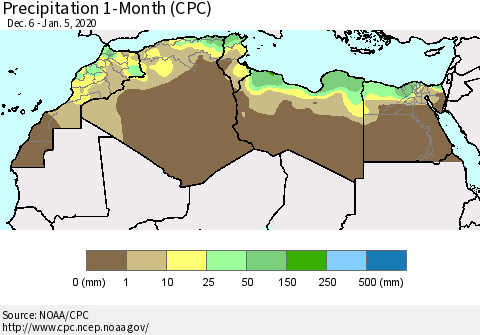 North Africa Precipitation 1-Month (CPC) Thematic Map For 12/6/2019 - 1/5/2020