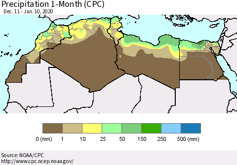 North Africa Precipitation 1-Month (CPC) Thematic Map For 12/11/2019 - 1/10/2020