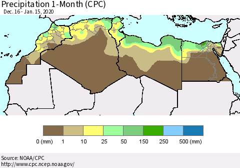 North Africa Precipitation 1-Month (CPC) Thematic Map For 12/16/2019 - 1/15/2020
