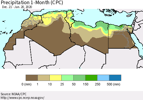 North Africa Precipitation 1-Month (CPC) Thematic Map For 12/21/2019 - 1/20/2020