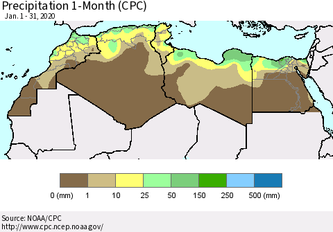 North Africa Precipitation 1-Month (CPC) Thematic Map For 1/1/2020 - 1/31/2020