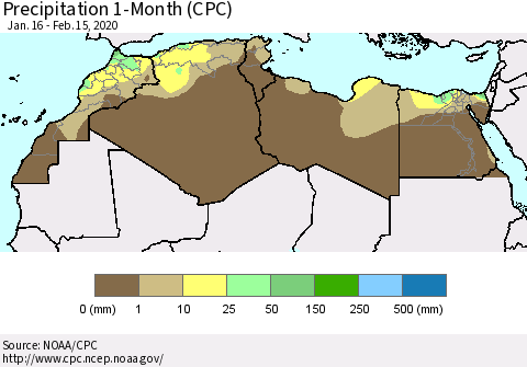 North Africa Precipitation 1-Month (CPC) Thematic Map For 1/16/2020 - 2/15/2020