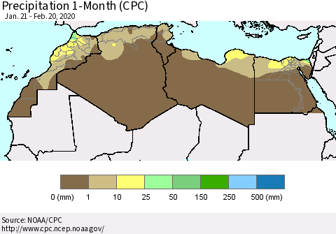 North Africa Precipitation 1-Month (CPC) Thematic Map For 1/21/2020 - 2/20/2020