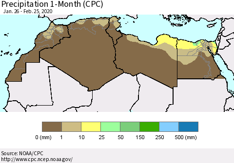 North Africa Precipitation 1-Month (CPC) Thematic Map For 1/26/2020 - 2/25/2020