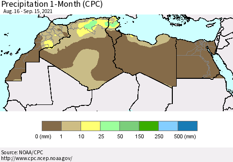 North Africa Precipitation 1-Month (CPC) Thematic Map For 8/16/2021 - 9/15/2021