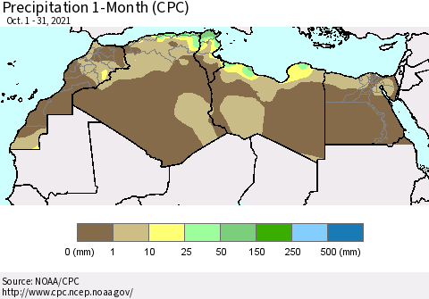 North Africa Precipitation 1-Month (CPC) Thematic Map For 10/1/2021 - 10/31/2021
