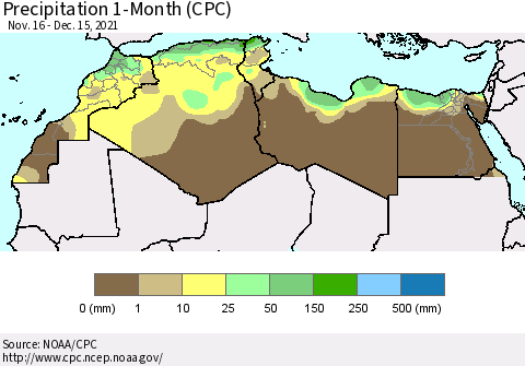 North Africa Precipitation 1-Month (CPC) Thematic Map For 11/16/2021 - 12/15/2021