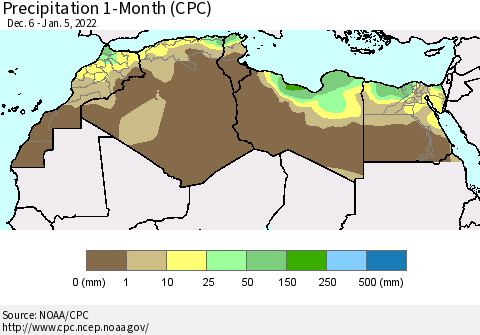 North Africa Precipitation 1-Month (CPC) Thematic Map For 12/6/2021 - 1/5/2022