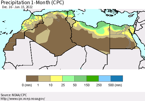 North Africa Precipitation 1-Month (CPC) Thematic Map For 12/16/2021 - 1/15/2022