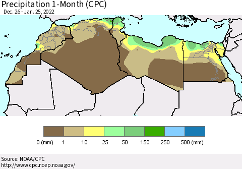 North Africa Precipitation 1-Month (CPC) Thematic Map For 12/26/2021 - 1/25/2022