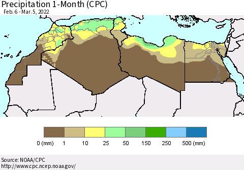 North Africa Precipitation 1-Month (CPC) Thematic Map For 2/6/2022 - 3/5/2022