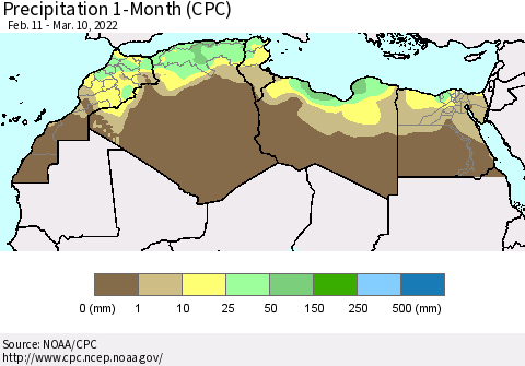 North Africa Precipitation 1-Month (CPC) Thematic Map For 2/11/2022 - 3/10/2022