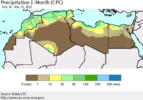 North Africa Precipitation 1-Month (CPC) Thematic Map For 2/16/2022 - 3/15/2022