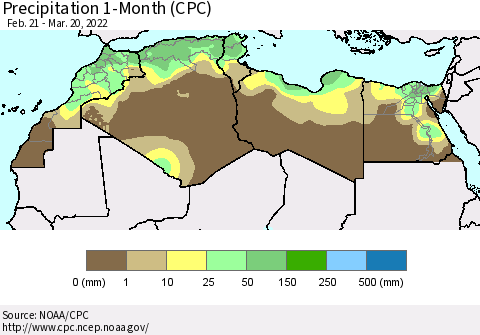 North Africa Precipitation 1-Month (CPC) Thematic Map For 2/21/2022 - 3/20/2022