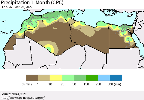 North Africa Precipitation 1-Month (CPC) Thematic Map For 2/26/2022 - 3/25/2022
