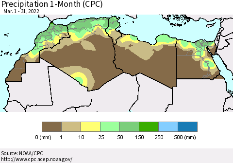 North Africa Precipitation 1-Month (CPC) Thematic Map For 3/1/2022 - 3/31/2022