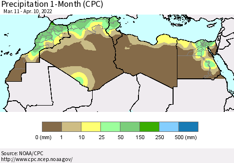 North Africa Precipitation 1-Month (CPC) Thematic Map For 3/11/2022 - 4/10/2022