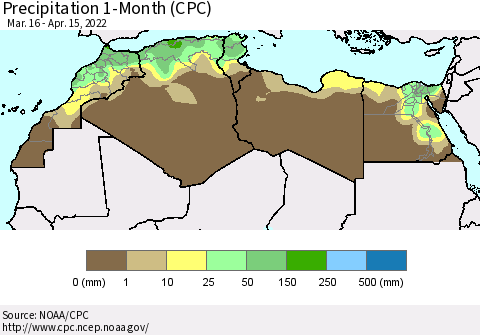 North Africa Precipitation 1-Month (CPC) Thematic Map For 3/16/2022 - 4/15/2022