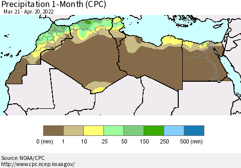 North Africa Precipitation 1-Month (CPC) Thematic Map For 3/21/2022 - 4/20/2022