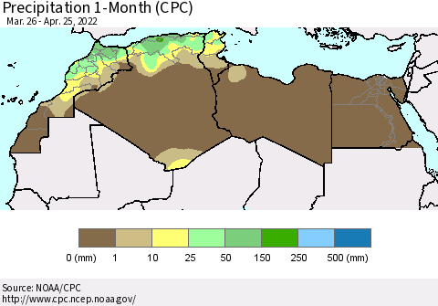North Africa Precipitation 1-Month (CPC) Thematic Map For 3/26/2022 - 4/25/2022