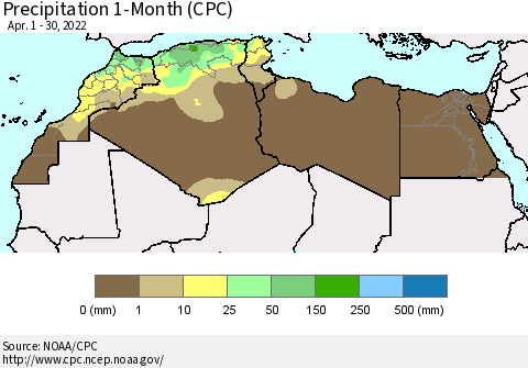 North Africa Precipitation 1-Month (CPC) Thematic Map For 4/1/2022 - 4/30/2022