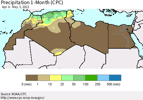 North Africa Precipitation 1-Month (CPC) Thematic Map For 4/6/2022 - 5/5/2022