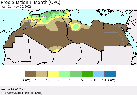 North Africa Precipitation 1-Month (CPC) Thematic Map For 4/11/2022 - 5/10/2022
