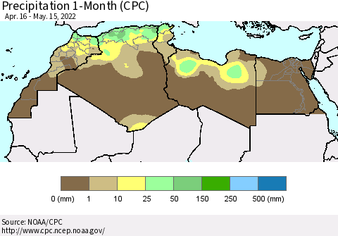 North Africa Precipitation 1-Month (CPC) Thematic Map For 4/16/2022 - 5/15/2022