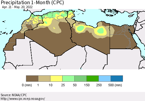 North Africa Precipitation 1-Month (CPC) Thematic Map For 4/21/2022 - 5/20/2022