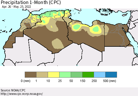 North Africa Precipitation 1-Month (CPC) Thematic Map For 4/26/2022 - 5/25/2022