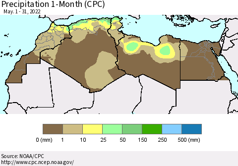 North Africa Precipitation 1-Month (CPC) Thematic Map For 5/1/2022 - 5/31/2022