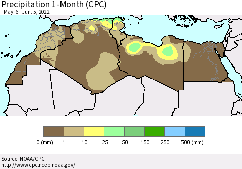 North Africa Precipitation 1-Month (CPC) Thematic Map For 5/6/2022 - 6/5/2022