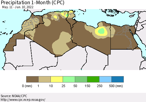 North Africa Precipitation 1-Month (CPC) Thematic Map For 5/11/2022 - 6/10/2022