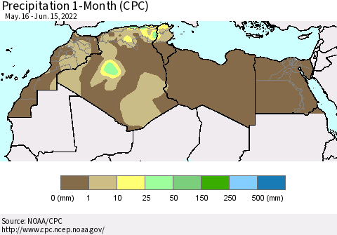 North Africa Precipitation 1-Month (CPC) Thematic Map For 5/16/2022 - 6/15/2022