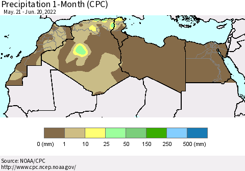 North Africa Precipitation 1-Month (CPC) Thematic Map For 5/21/2022 - 6/20/2022
