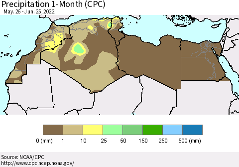 North Africa Precipitation 1-Month (CPC) Thematic Map For 5/26/2022 - 6/25/2022