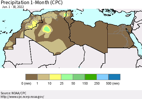 North Africa Precipitation 1-Month (CPC) Thematic Map For 6/1/2022 - 6/30/2022
