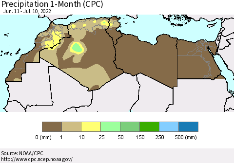 North Africa Precipitation 1-Month (CPC) Thematic Map For 6/11/2022 - 7/10/2022